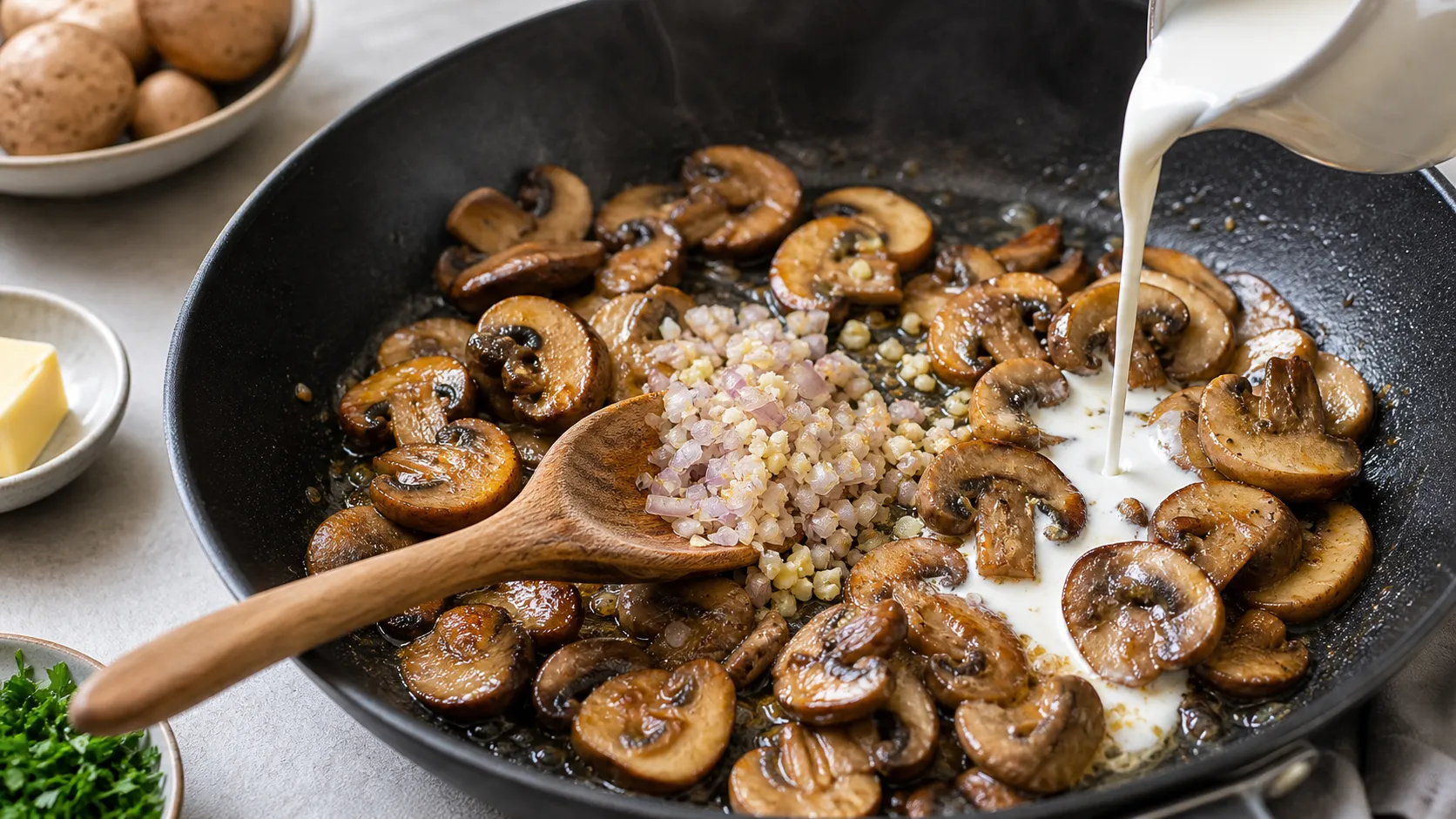 Mushrooms frying in butter in the pan, cream being poured in for the sauce
