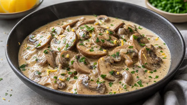 Keto creamed mushrooms with golden brown mushroom slices, cream sauce and parsley in a bowl