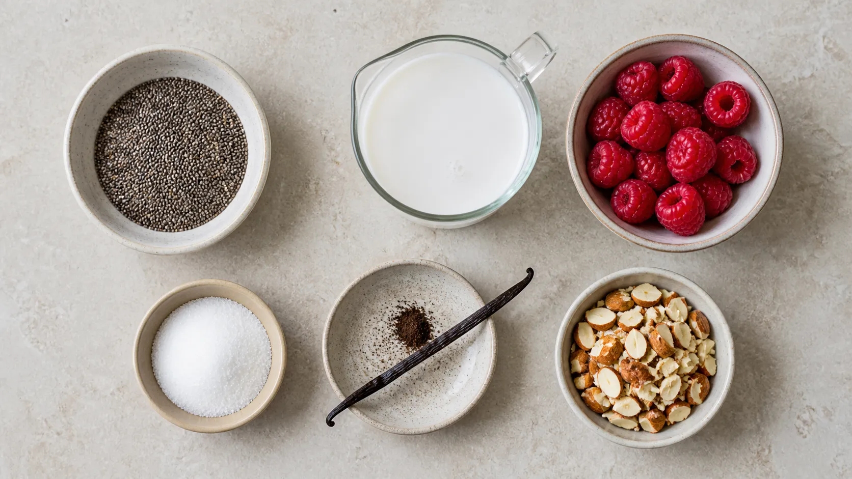 Ingredients: chia seeds, coconut milk, vanilla, erythritol, raspberries, almonds