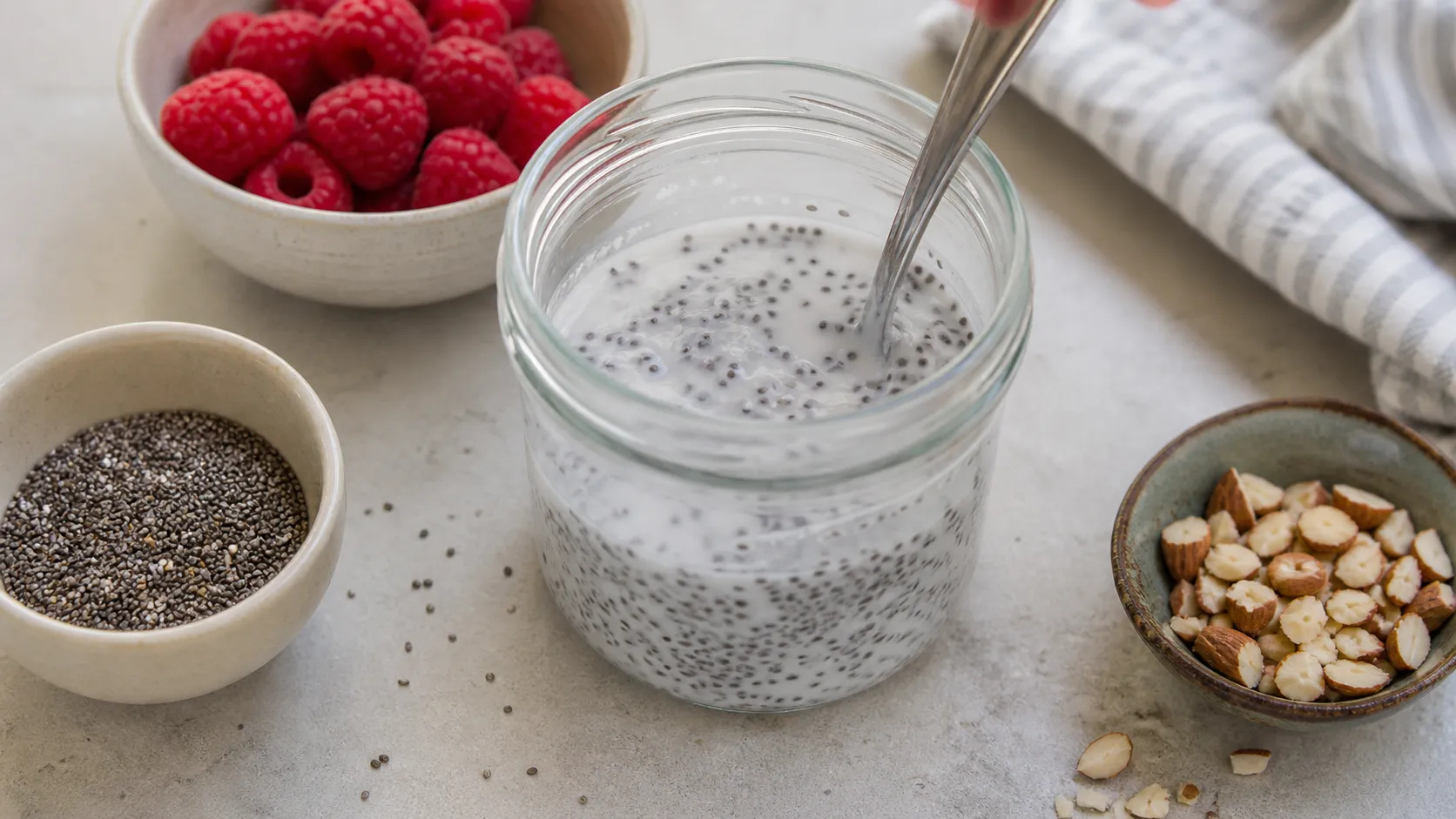 Chia seeds being stirred into a glass of coconut milk, with raspberries and chopped almonds beside it