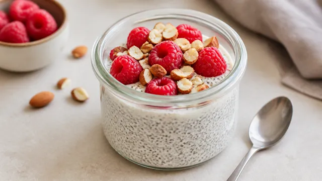 Creamy chia pudding in a glass with a layer of raspberries on top and chopped almonds