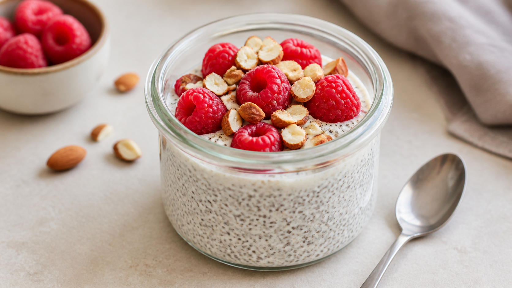Creamy chia pudding in a glass with a layer of raspberries on top and chopped almonds