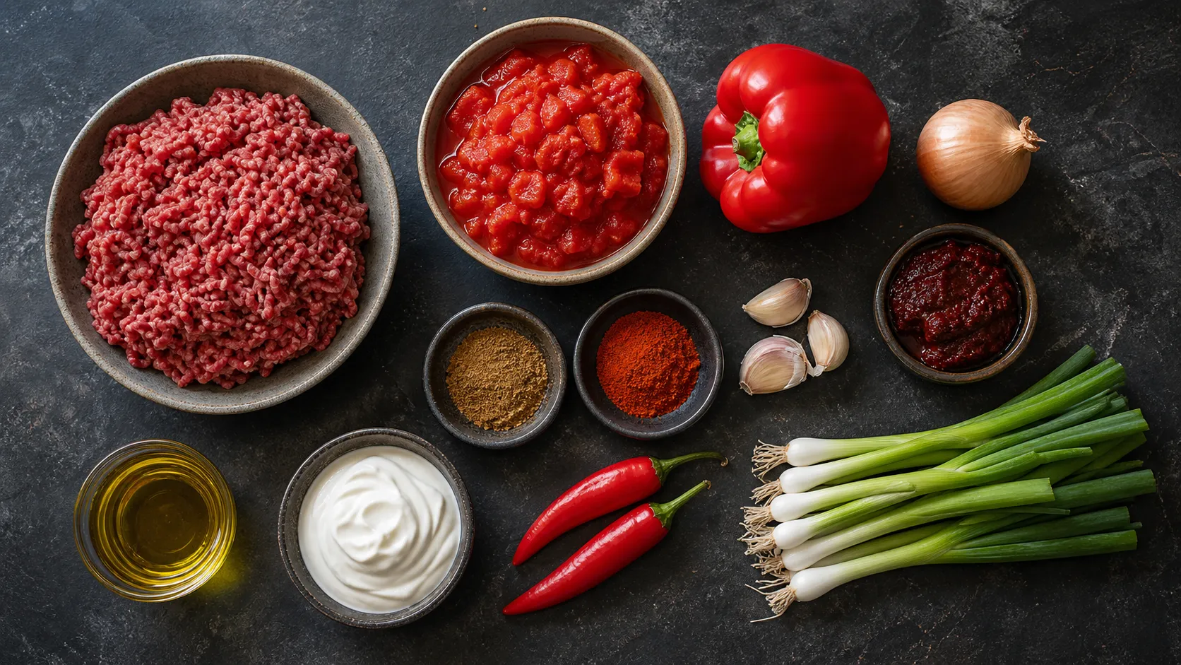 Flatlay of ingredients for keto chili con carne with ground beef, tomatoes, chipotle, bell pepper and chili