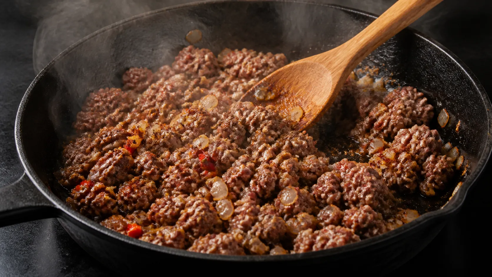 Ground beef for keto chili con carne being seared with onion, chili and spices