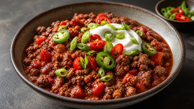 Finished keto chili con carne without beans, topped with sour cream, jalapenos and scallions