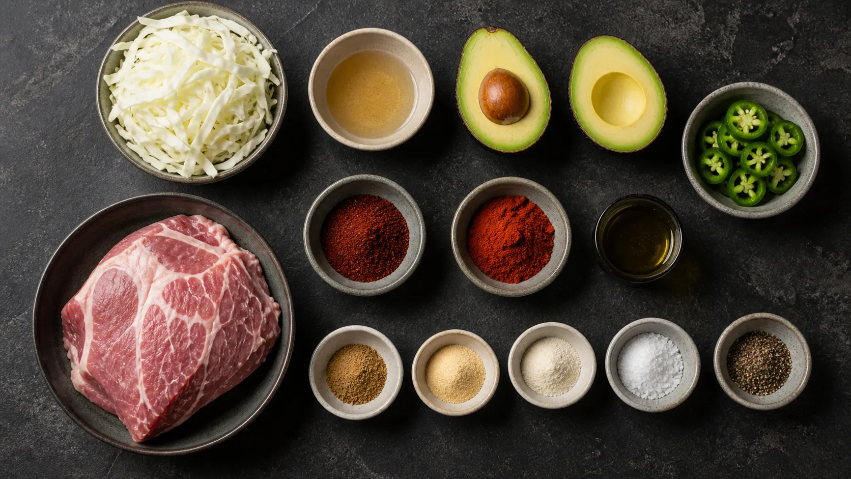 Flatlay of ingredients for keto chipotle pulled pork with pork shoulder, spices, cabbage, and avocado