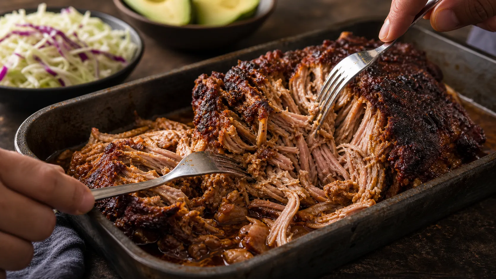 Braised pork shoulder being shredded with two forks for keto pulled pork