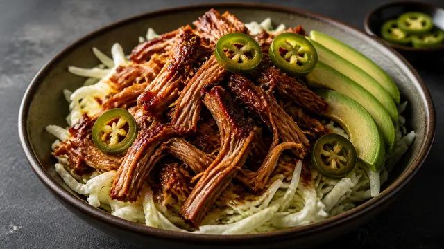 Finished keto chipotle pulled pork bowl with slaw, avocado, and jalapeños