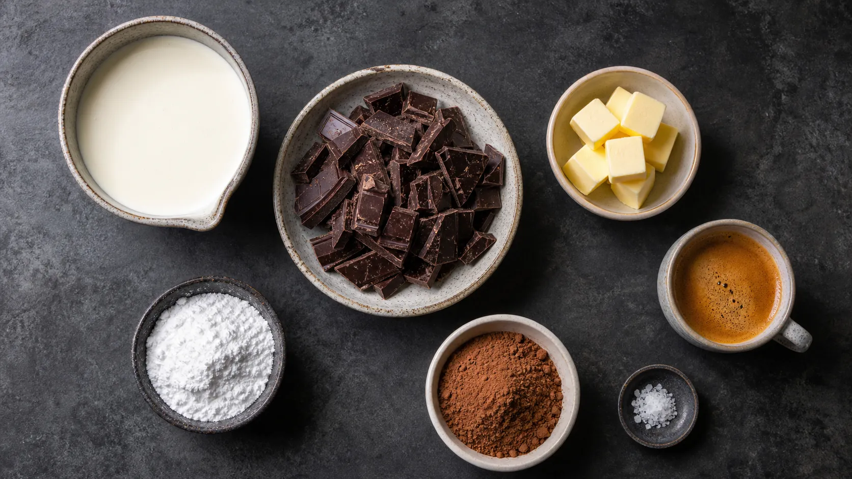 Ingredients for keto chocolate espresso truffles with cream, dark chocolate, butter, espresso, erythritol and cocoa powder
