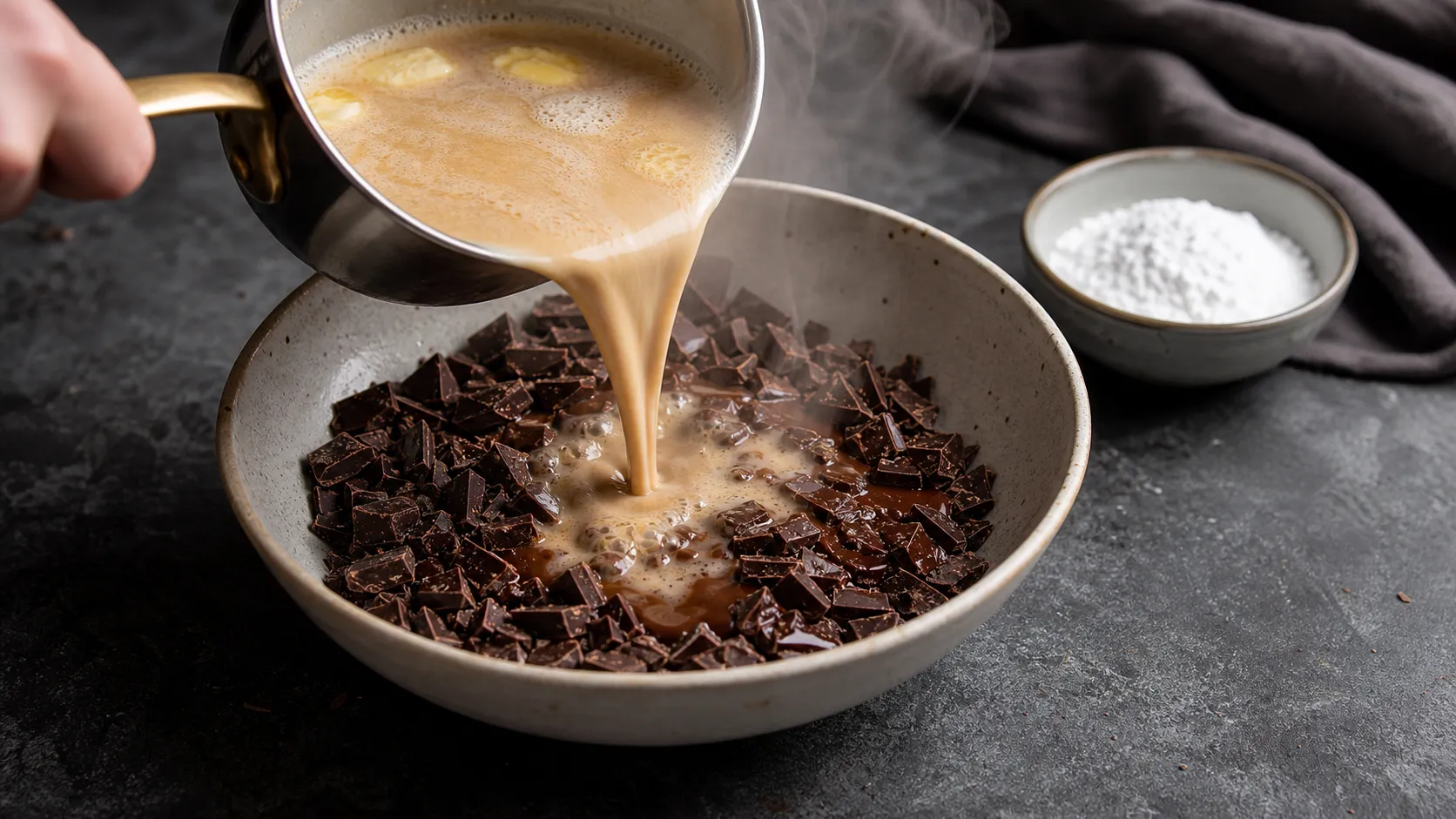 Hot cream with espresso and butter is poured over chopped dark chocolate for keto truffle ganache