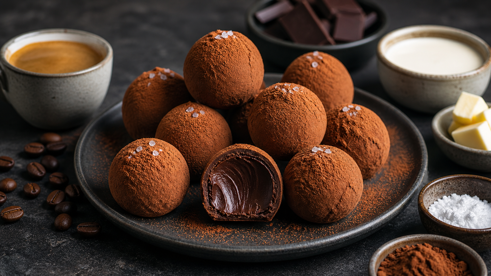 Keto chocolate espresso truffles dusted with cocoa and served with espresso