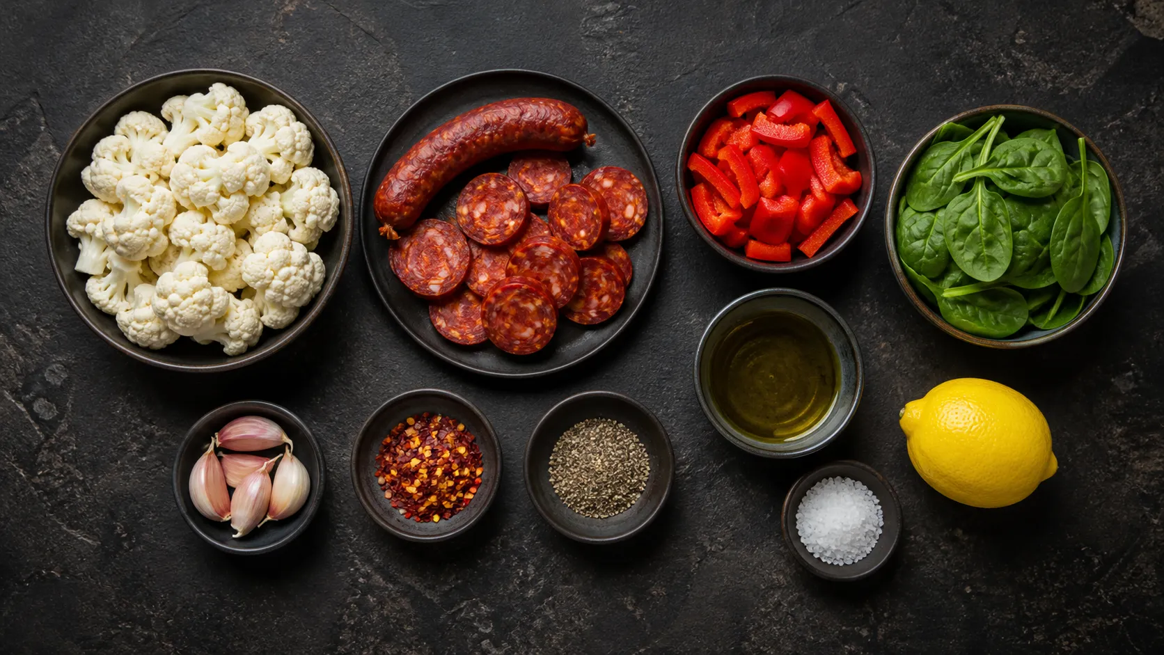 Flatlay of ingredients for keto chorizo cauliflower skillet with chorizo, cauliflower, bell pepper and spinach