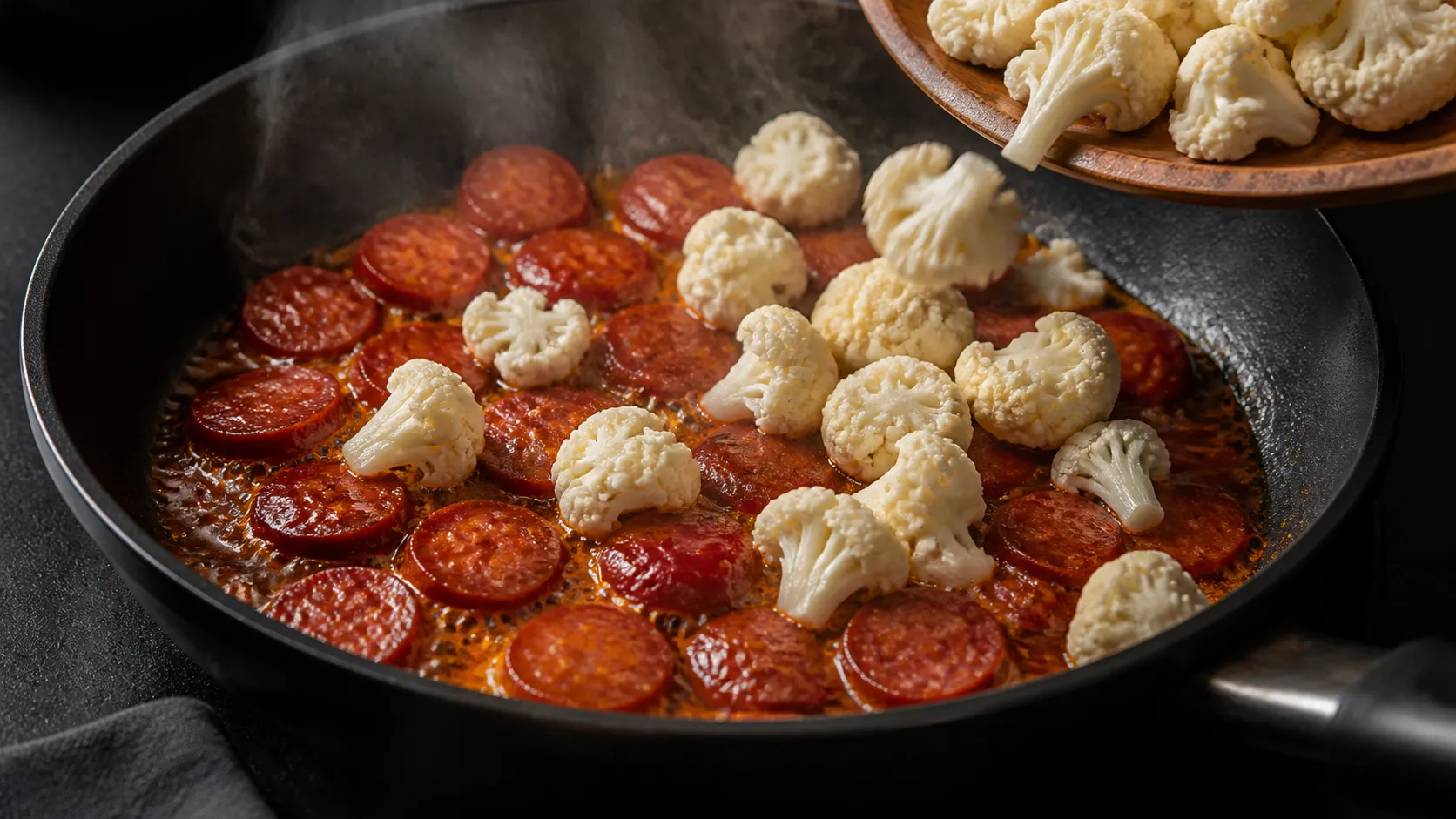 Chorizo slices frying in the skillet and releasing red paprika oil