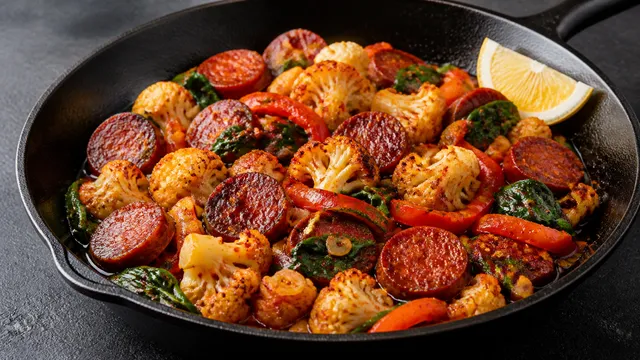 Finished keto chorizo cauliflower skillet with bell pepper, spinach and red chorizo oil