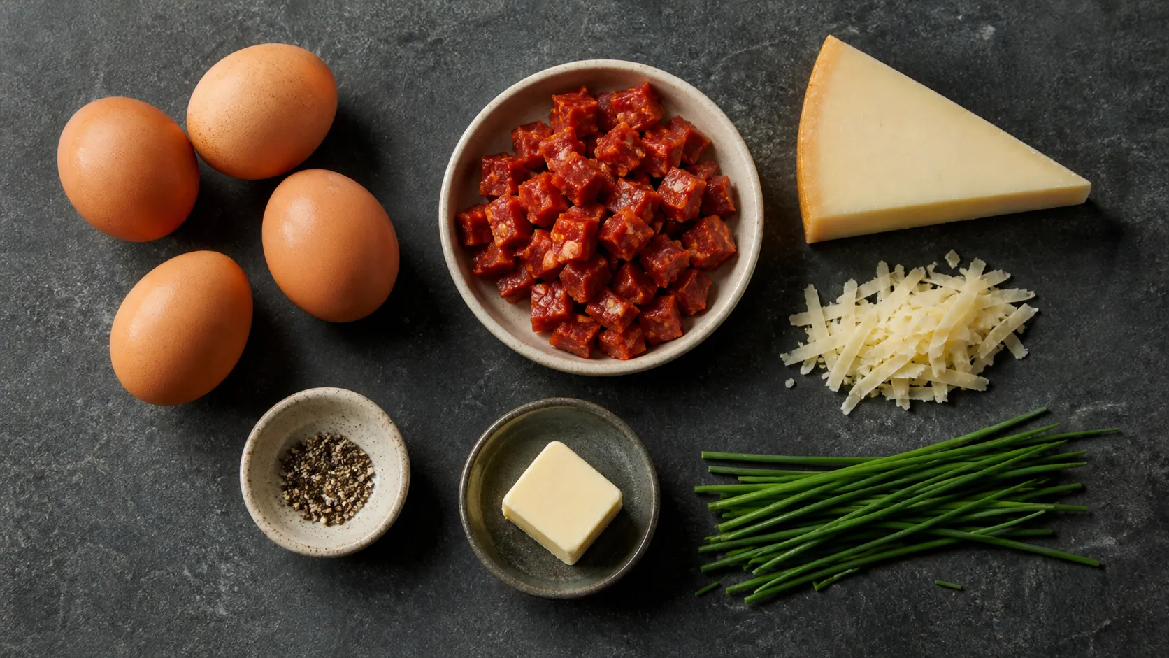 Ingredients for keto chorizo scrambled eggs with eggs, chorizo, manchego, butter and chives