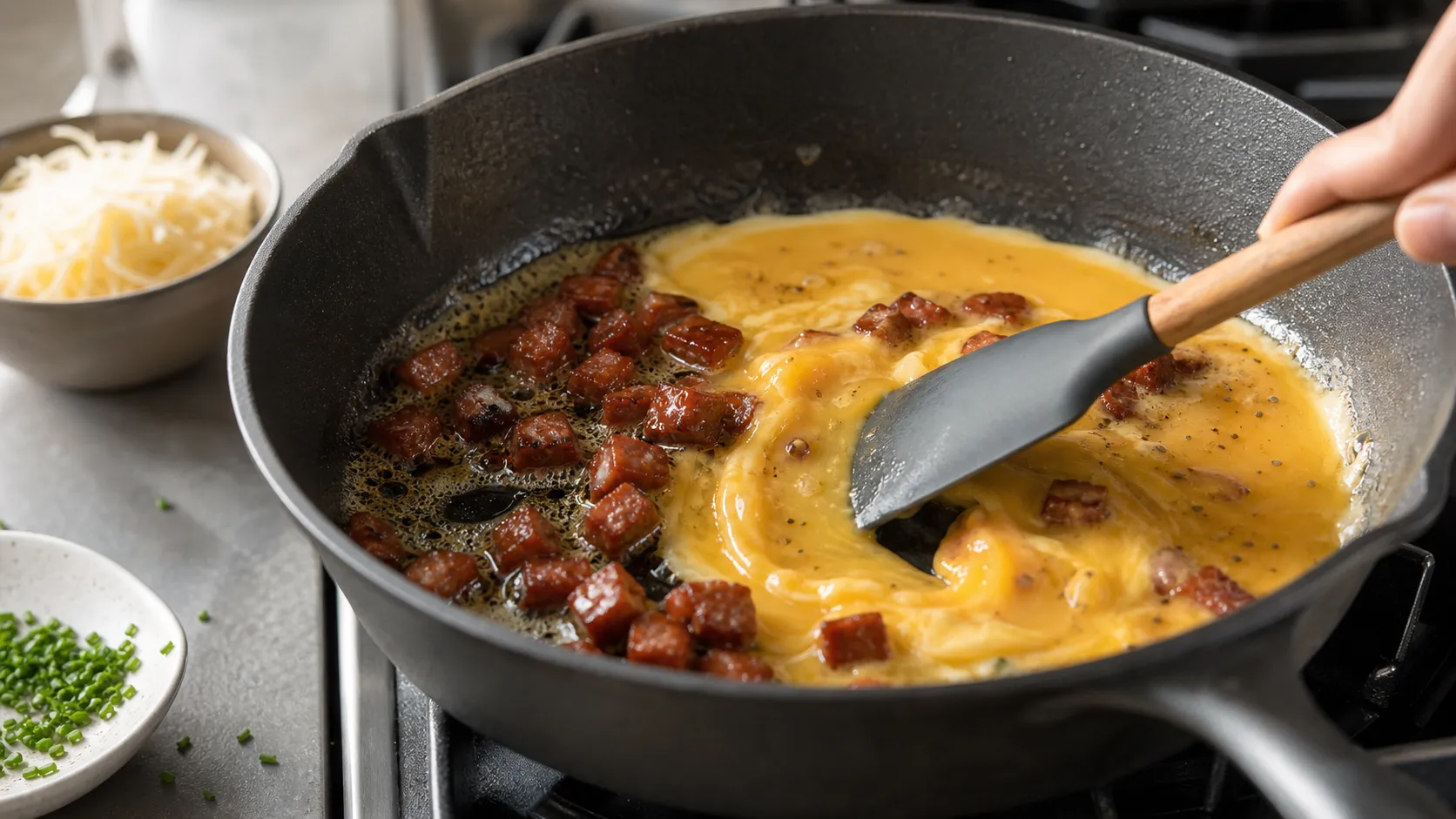 Chorizo being fried in butter and stirred creamy with whisked eggs in the pan