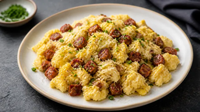 Keto chorizo scrambled eggs with manchego and chives served creamy on a plate