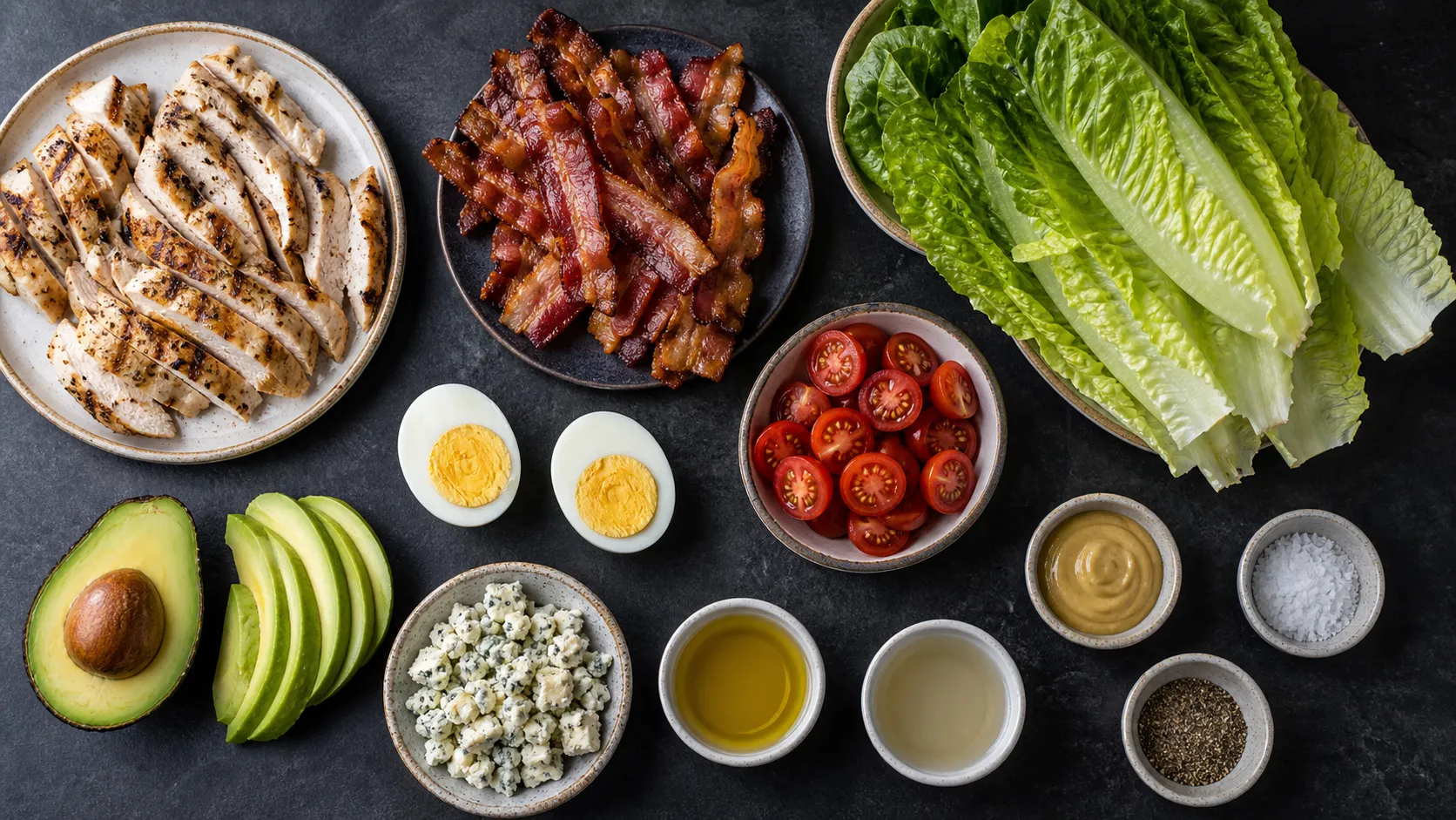 Ingredients for keto Cobb Salad with chicken, bacon, eggs, avocado, romaine, tomatoes and gorgonzola