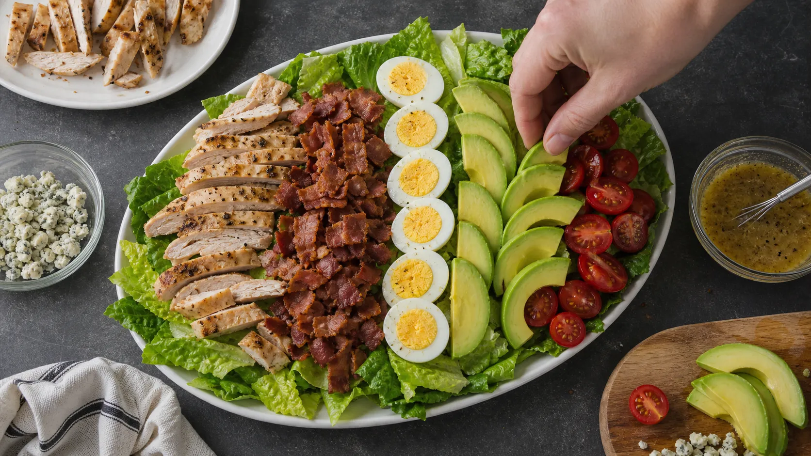 Keto Cobb Salad being arranged on romaine lettuce in parallel rows with chicken, egg and avocado