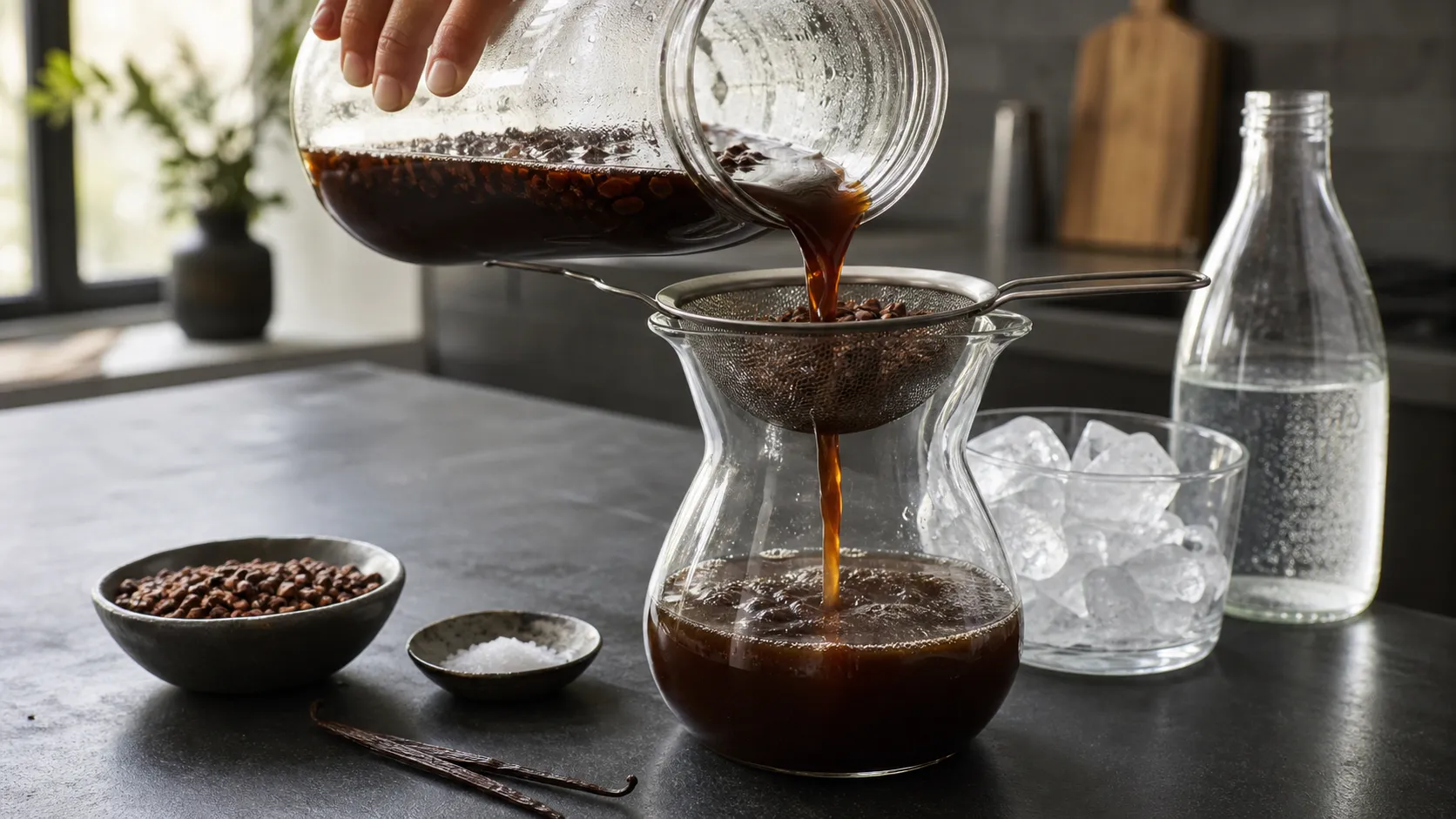 Cold brew cocoa being strained through a fine sieve into a glass carafe
