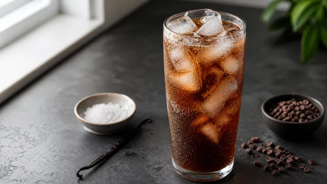 Keto cold brew cocoa tonic with ice cubes and sparkling sugar-free tonic in a glass