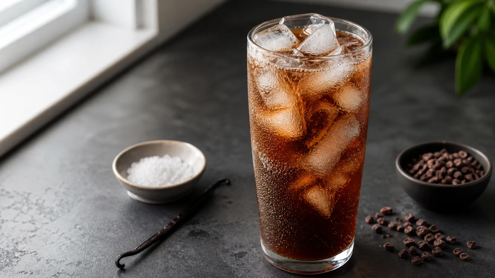 Keto cold brew cocoa tonic with ice cubes and sparkling sugar-free tonic in a glass