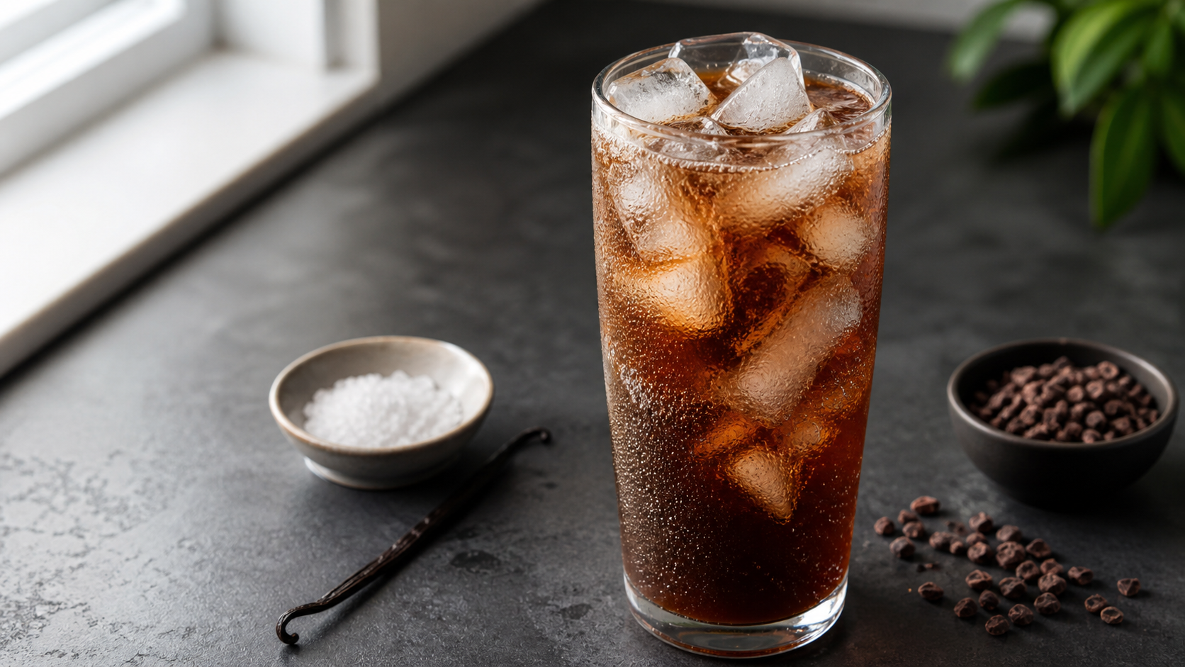 Keto cold brew cocoa tonic with ice cubes and sparkling sugar-free tonic in a glass