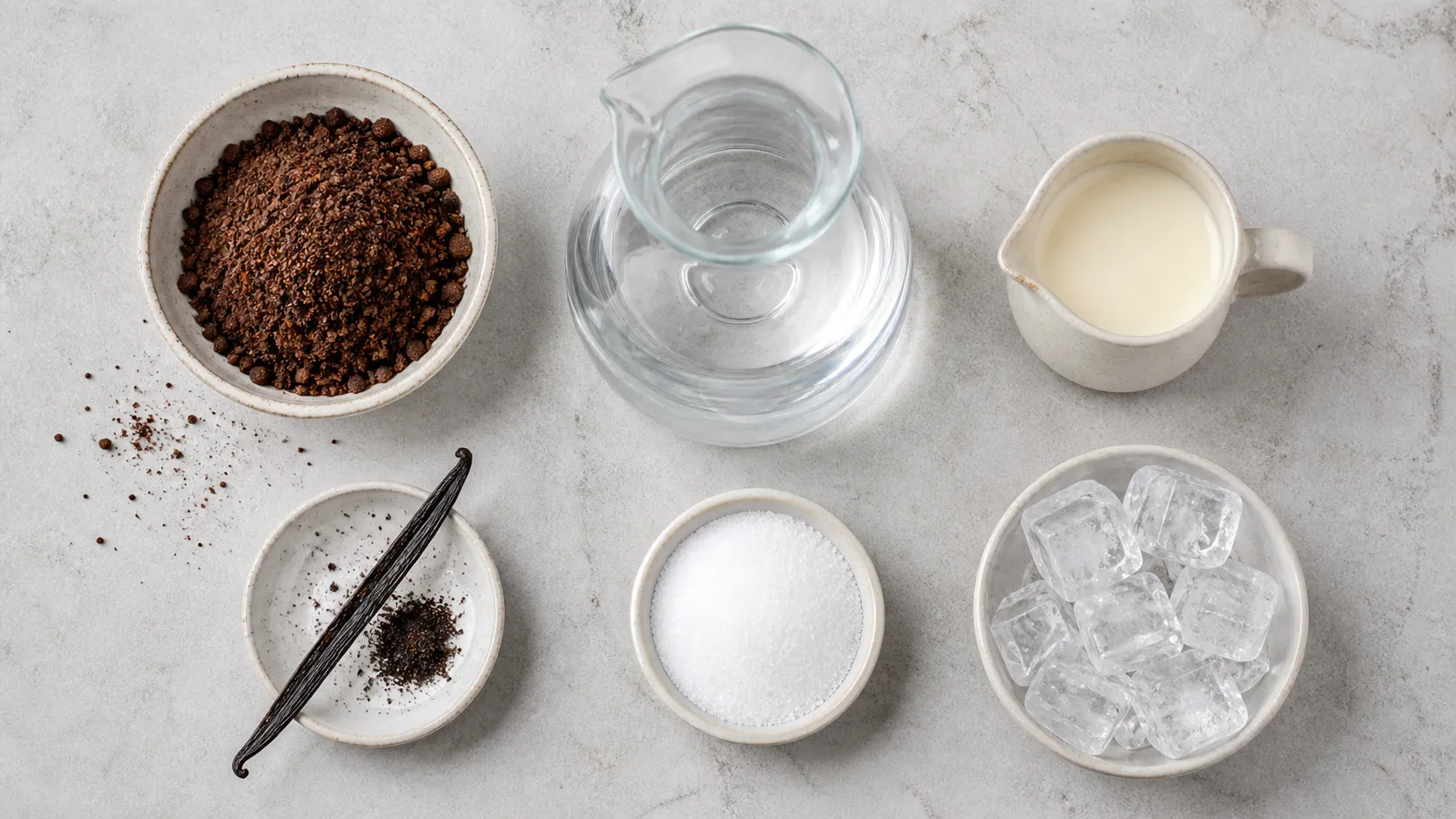 Flatlay of the ingredients for keto cold brew with coarsely ground coffee, water, cream, vanilla, erythritol and ice cubes