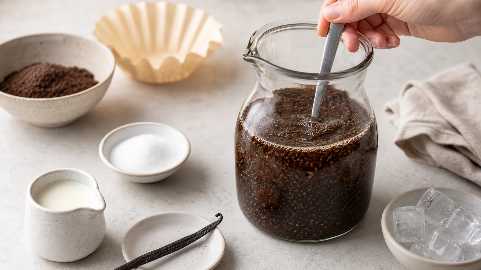 Coarsely ground coffee being stirred with cold water for cold brew
