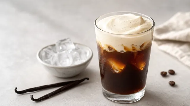 Keto cold brew with ice cubes and a vanilla cream top in a tall glass
