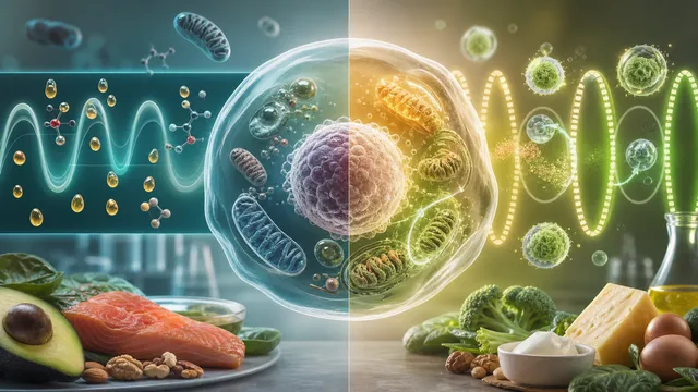 Biomedical illustration comparing continuous and intermittent keto patterns with cellular aging signals