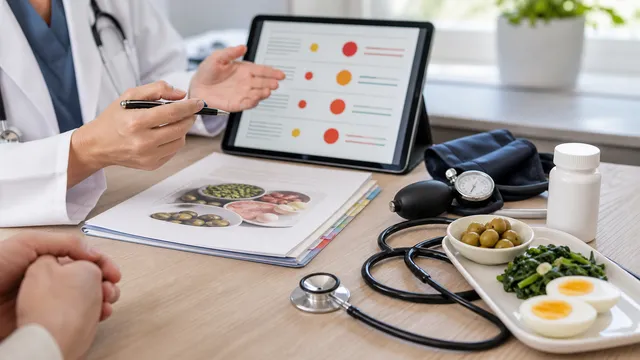 Doctor consultation desk with stethoscope, blood pressure cuff, abstract tablet graphics and low-carb meal planning items