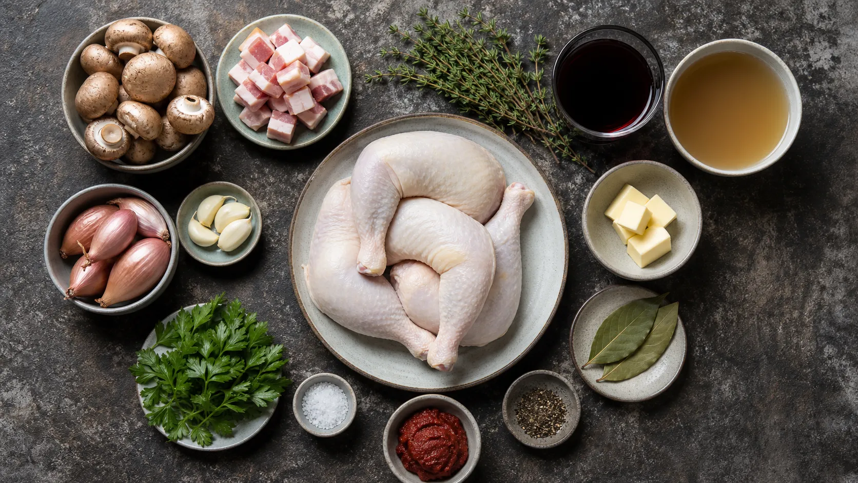 Ingredients for keto coq au vin with chicken thighs, bacon, mushrooms, shallots, red wine, butter and herbs