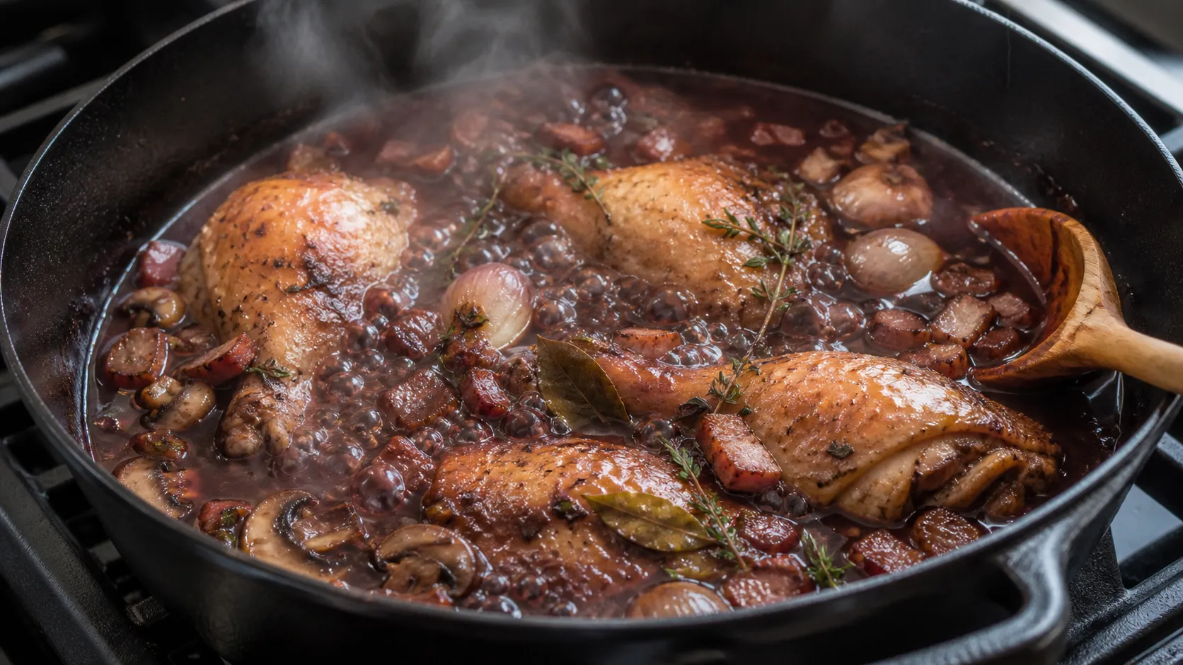 Red wine sauce for keto coq au vin reducing in the Dutch oven with chicken, mushrooms and shallots