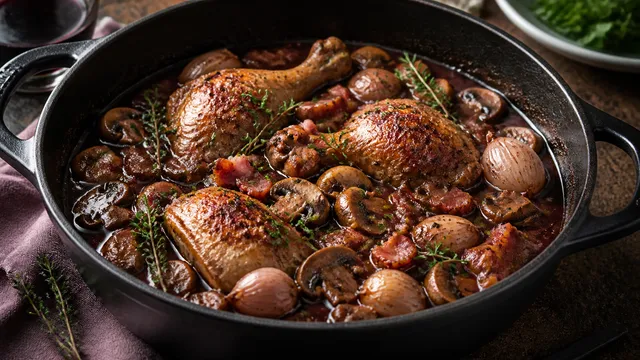 Keto coq au vin with braised chicken thighs, bacon, mushrooms and shallots in a dark red wine sauce