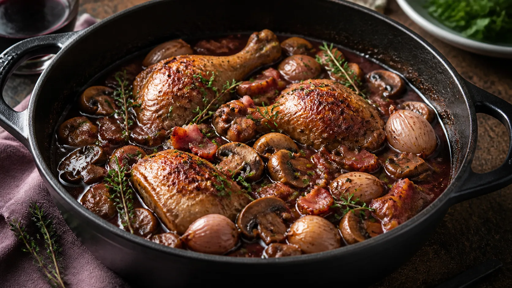 Keto coq au vin with braised chicken thighs, bacon, mushrooms and shallots in a dark red wine sauce