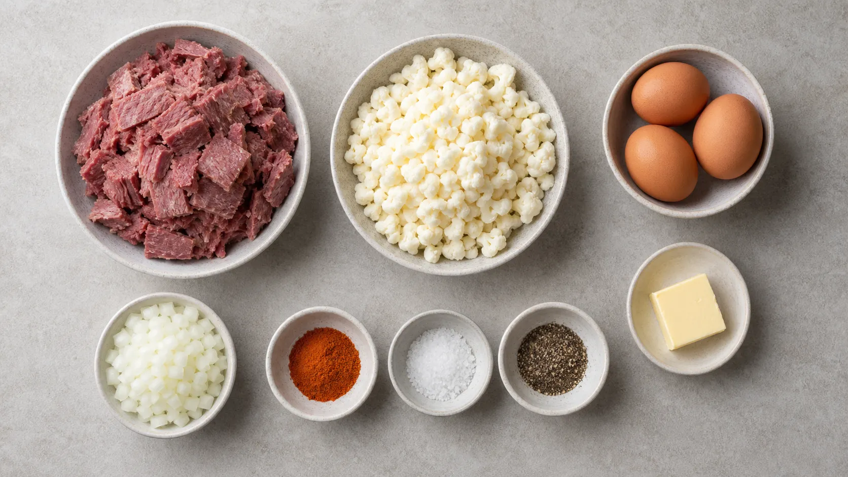 Ingredients for keto corned beef hash with corned beef, cauliflower, eggs, butter and spices as a flat lay