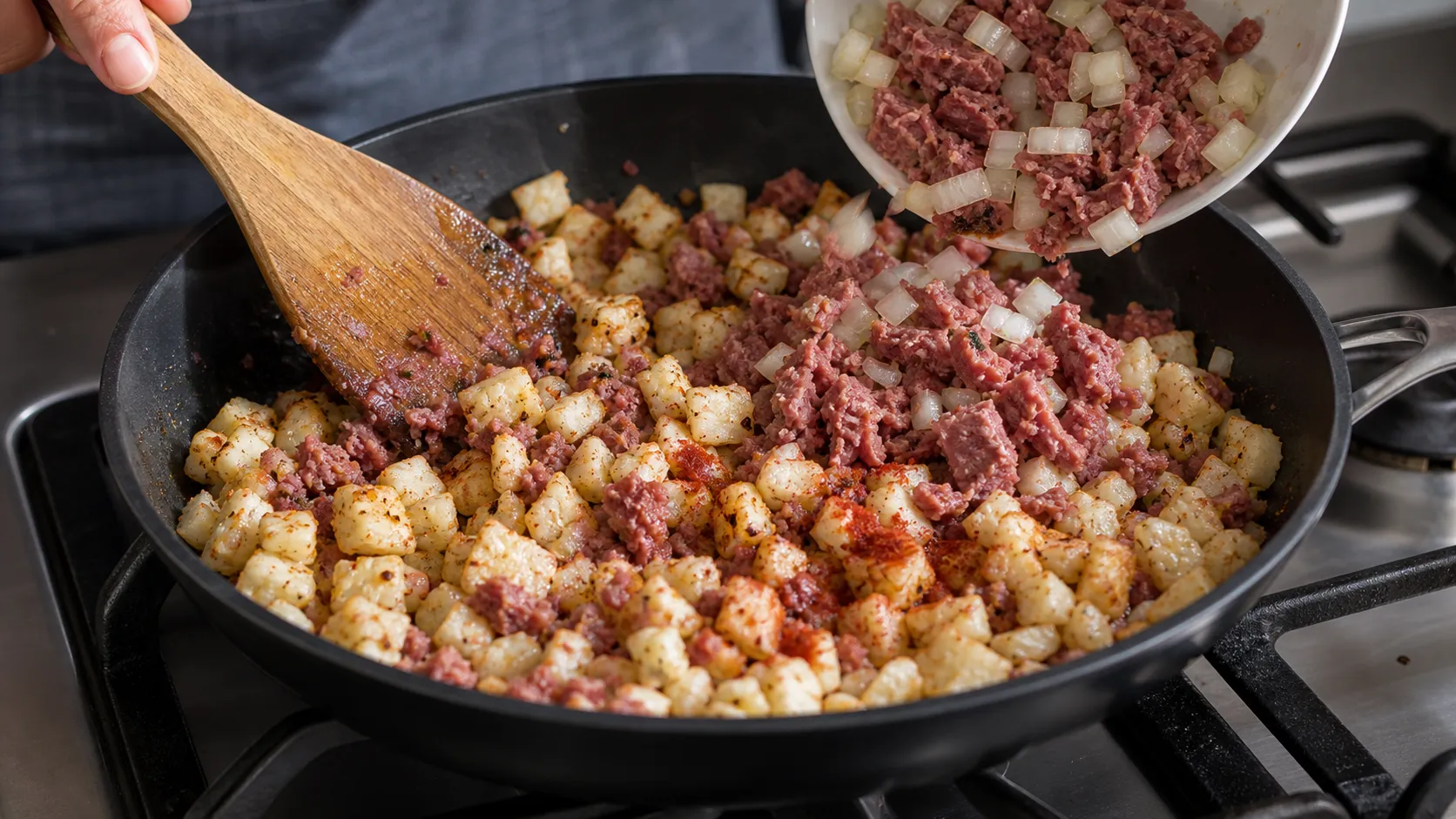 Corned beef and onions are added to browned cauliflower cubes in the pan