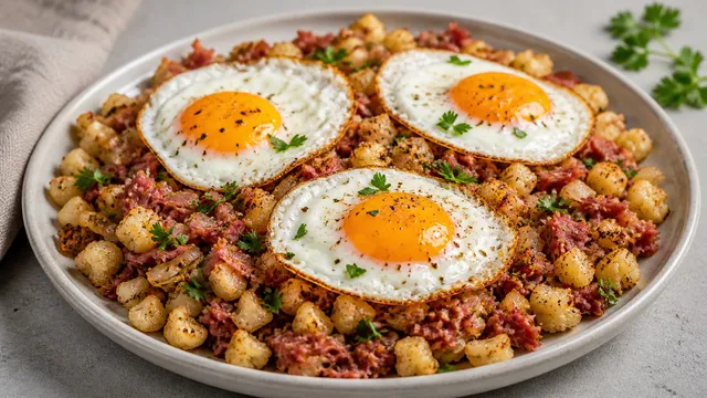Keto corned beef hash with pan-fried cauliflower, corned beef and three sunny-side-up eggs on a plate