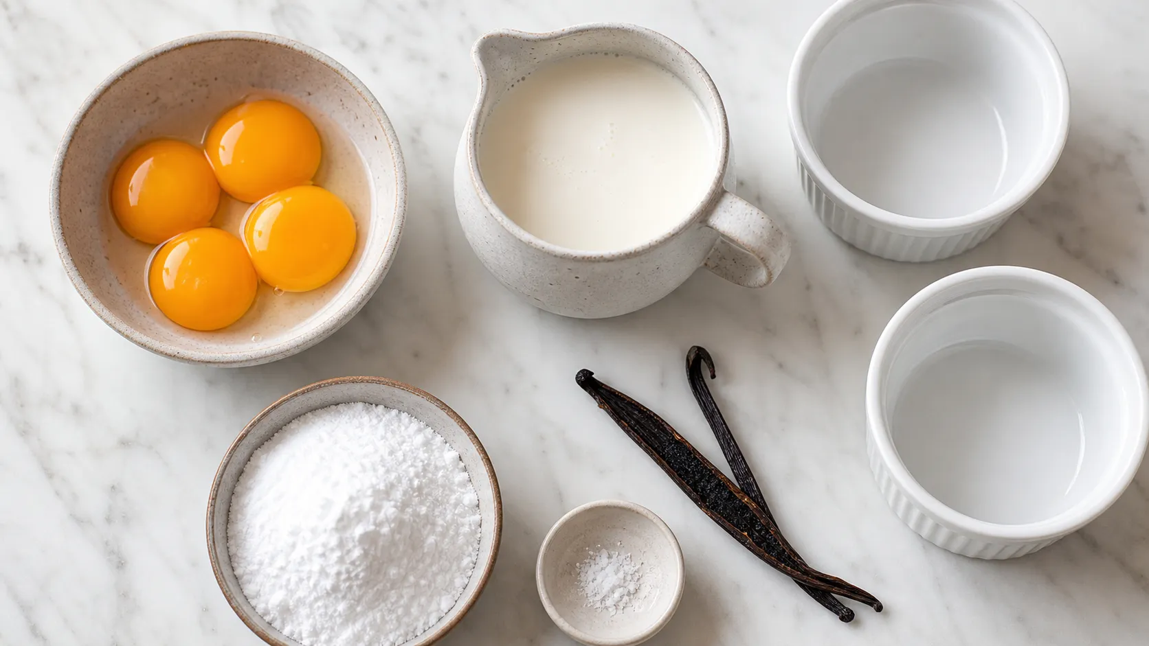 Ingredients for keto crème brûlée: cream, egg yolks, Bourbon vanilla, erythritol and ramekins