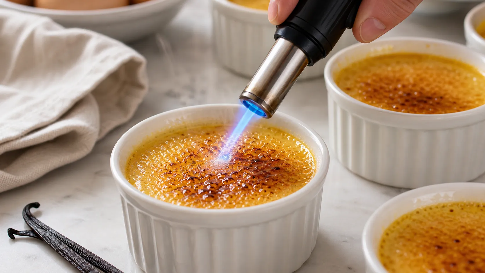 Erythritol crust on keto crème brûlée being caramelized golden-brown with a kitchen torch