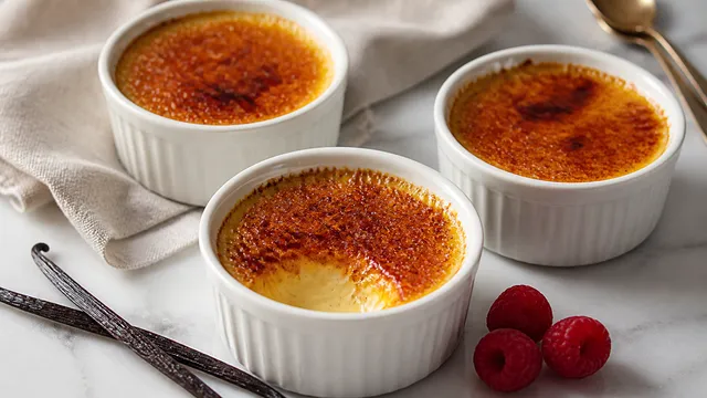 Keto crème brûlée with a golden-brown erythritol crust, vanilla cream and a Bourbon vanilla pod