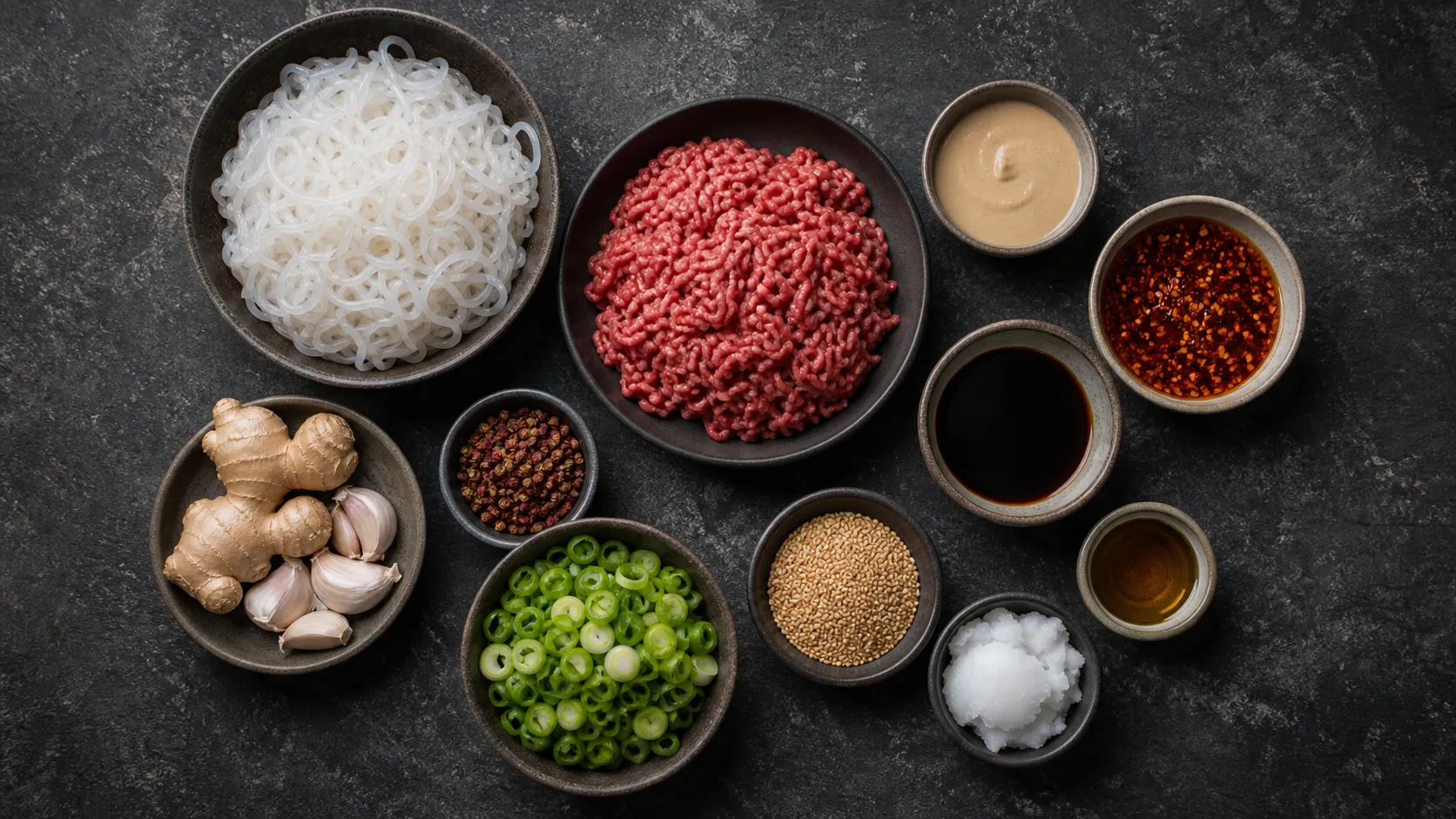 Flatlay of ingredients for keto Dan Dan noodles with konjac, tahini, chili oil and ground beef