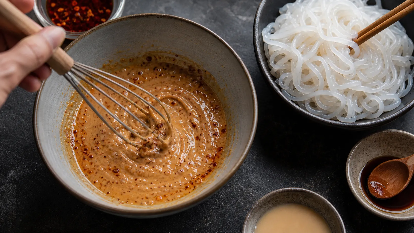 Sesame chili sauce for keto Dan Dan noodles being whisked together in a bowl