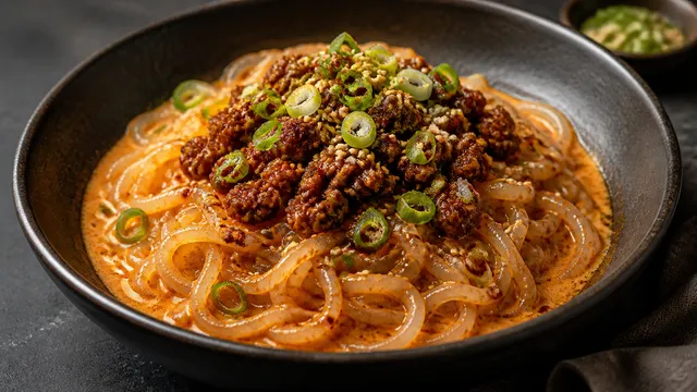 Finished keto Dan Dan noodles with konjac noodles, sesame chili sauce and ground beef