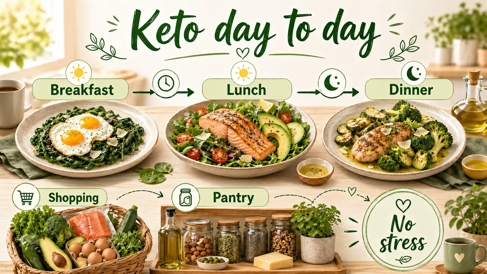 Infographic Keto day to day with breakfast, lunch, dinner, shopping, pantry, and a No stress badge