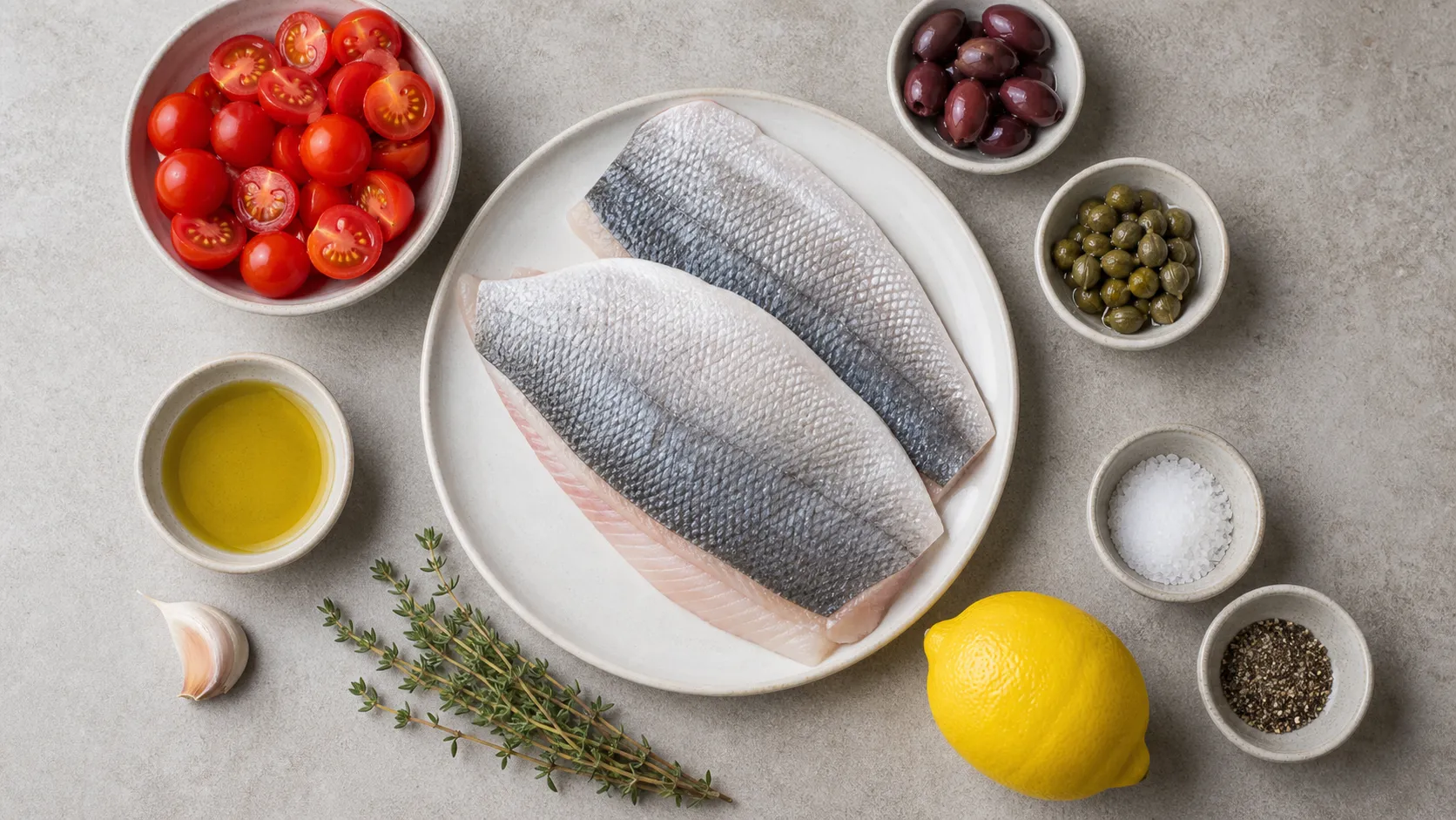 Ingredients for keto Mediterranean sea bream filet with sea bream, cherry tomatoes, Kalamata olives, capers, garlic and thyme