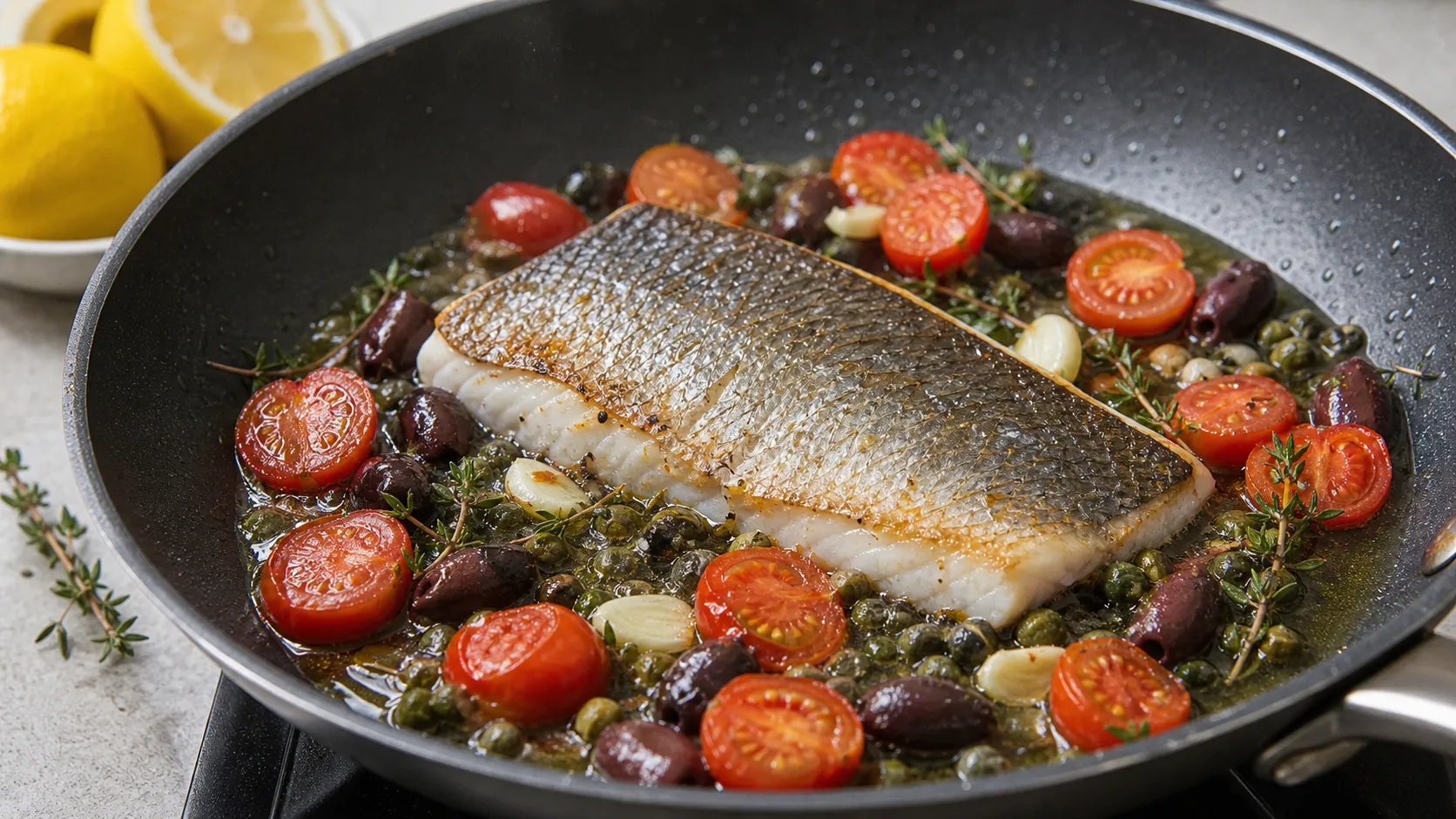 Sea bream filet cooking with tomatoes, olives, capers and thyme in the pan