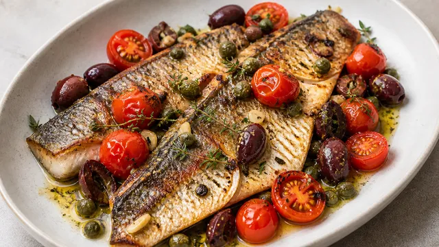 Keto Mediterranean sea bream filet with cherry tomatoes, Kalamata olives, capers, thyme and lemon
