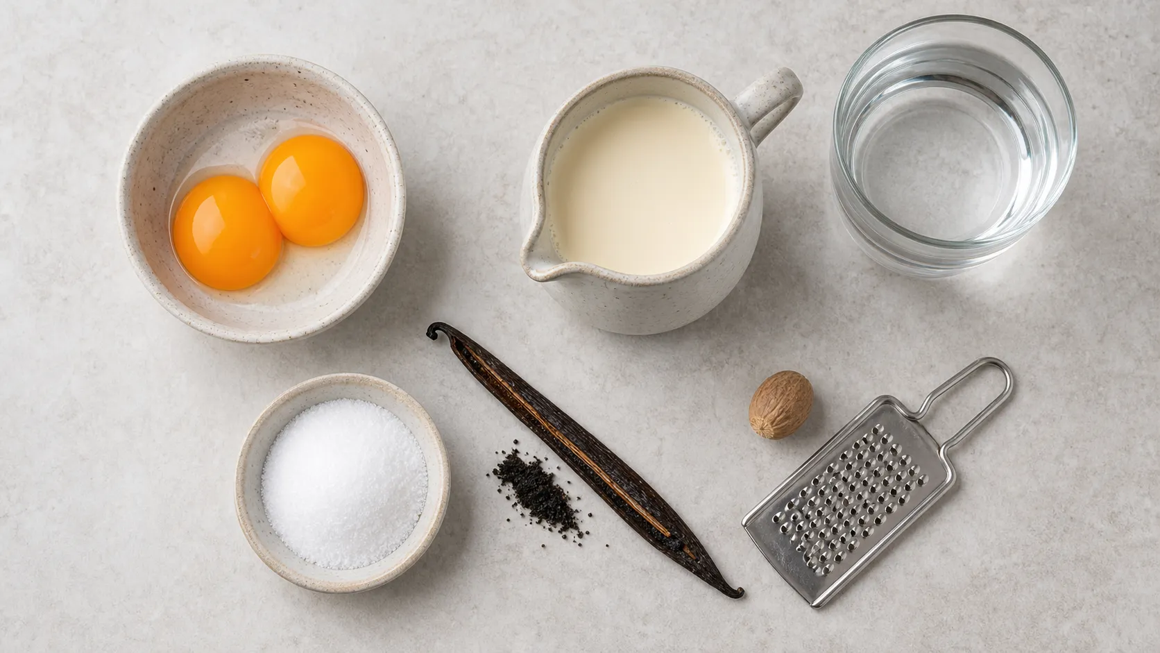 Flat lay of ingredients for warm keto eggnog with egg yolks, cream, water, vanilla, erythritol, and nutmeg